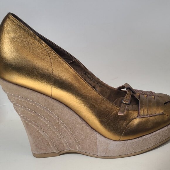 Vtg Steve Madden Gold Bronze Round Toe Platform Wedge Heel 7.5 - Picture 6 of 16